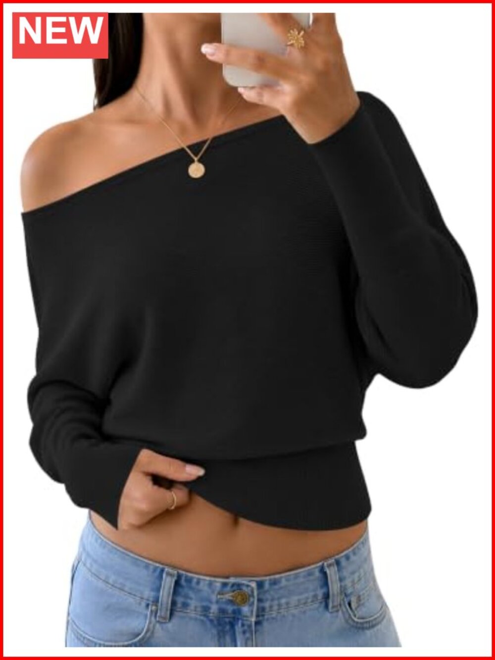 Off the Shoulder Sweater Women Fall Knit Pullover Batwing Sleeve